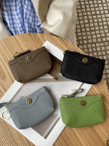 Modische Echtleder Münzbeutel Damen Kartenetui Vintage Einfarbig Mini Geldbörse Reißverschluss Kleingeldtasche