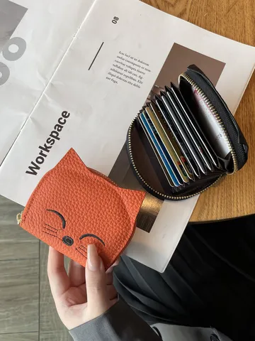 Echtes Leder Kartenetui Damen Süßes Katzenohren Design Schlankes Mini Portemonnaie Mehrere Kartenfächer Ziehharmonika Kartenetui Reißverschlusstasche