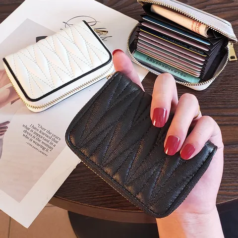 Damen Echtes Leder Kartenetui Retro V-Stepp Slim Kreditkartenetui Reißverschluss Mehrfachfächer Mini Geldbörse