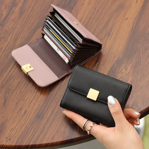 Tarjetero de Cuero Genuino para Mujer Mini Estuche de Tarjetas Acordeón Color Sólido Organizador de Tarjetas Cartera Compacta
