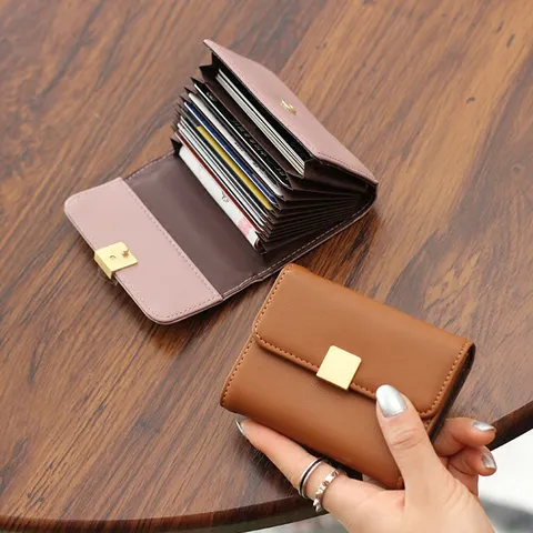 Tarjetero de Cuero Genuino para Mujer Mini Estuche de Tarjetas Acordeón Color Sólido Organizador de Tarjetas Cartera Compacta