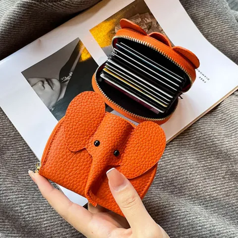 Nettes Elefanten Design Echtes Leder Kartenhalter Mehrfachschlitz Reißverschluss Akkordeon Münzgeldbörse Damen Mini Geldbörse Mode