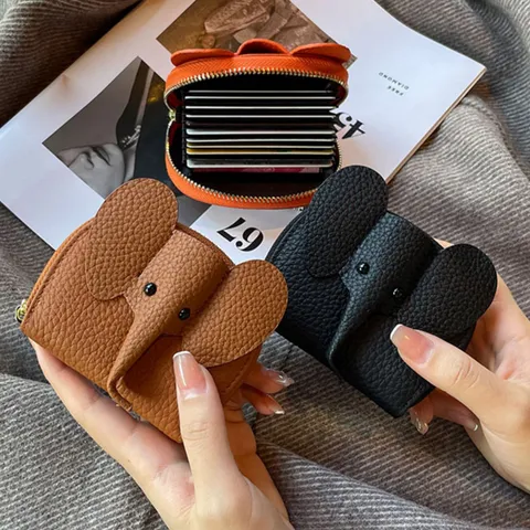 Nettes Elefanten Design Echtes Leder Kartenhalter Mehrfachschlitz Reißverschluss Akkordeon Münzgeldbörse Damen Mini Geldbörse Mode