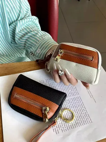 Damen Echtleder Münzbeutel Mini Geldbörse Multifunktional Reißverschluss Kartenhalter Mit Schlüsselanhänger Täglich Minimalistisch