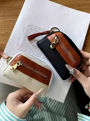 Damen Echtleder Münzbeutel Mini Geldbörse Multifunktional Reißverschluss Kartenhalter Mit Schlüsselanhänger Täglich Minimalistisch