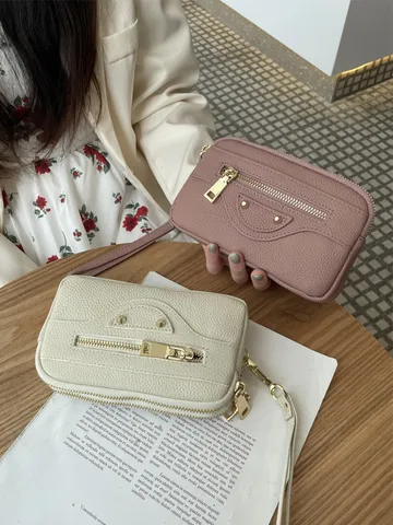 Damen Echte Leder Motorrad Clutch Tasche Große Kapazität Doppelreißverschluss Handy Geldbörse Handtasche