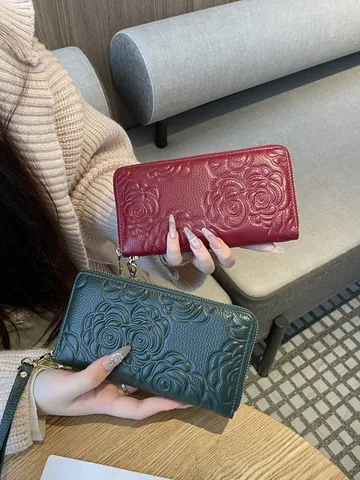 Damen Echtleder Lange Geldbörse Vintage Rindsleder Geprägt Kamelie Einzelner Reißverschluss Portemonnaie Kartenetui Clutch