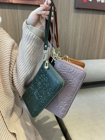 Damen Echtleder Lange Geldbörse Vintage Rindsleder Geprägt Kamelie Einzelner Reißverschluss Portemonnaie Kartenetui Clutch
