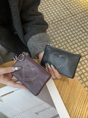 Vintage Echtes Leder Damen Münzbeutel Pflanzlich Gegerbtes Leder Herz Ziernaht Kartenhalter Kleine Geldbörse