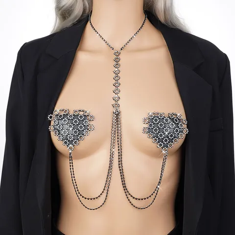 Sexy Rhinestone Body Chain Heart Chest Chain Nightclub Bikini Harness Belly Chain Jewelry For Women
