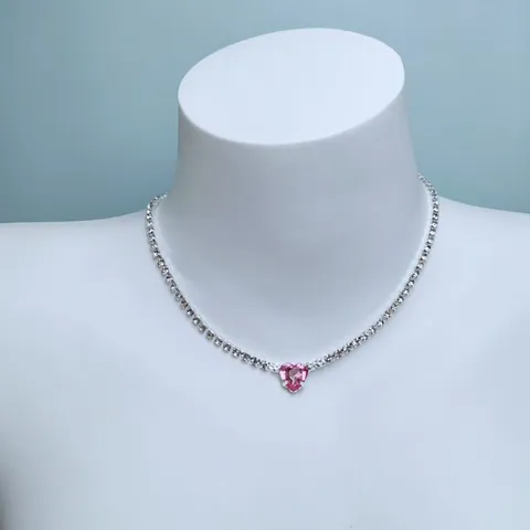 Women Fashion Rhinestone Choker Necklace Pink Heart Pendant Alloy Silver Plated Short Collar Necklace Jewelry Gift