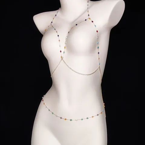 Vintage Fashion Multi Layer Ceramic Colorful Stone Body Chain Necklace Waist Chain Set For Women Trendy Jewelry