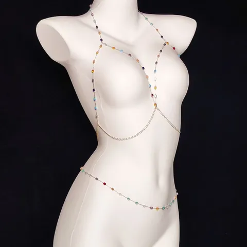 Vintage Fashion Multi Layer Ceramic Colorful Stone Body Chain Necklace Waist Chain Set For Women Trendy Jewelry