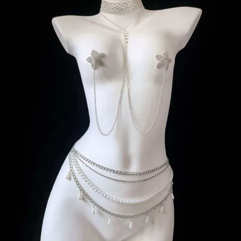 Multilayer Artificial Pearl Rhinestone Waist Chain Alloy Body Chain Fashion Jewelry Accessories For Women