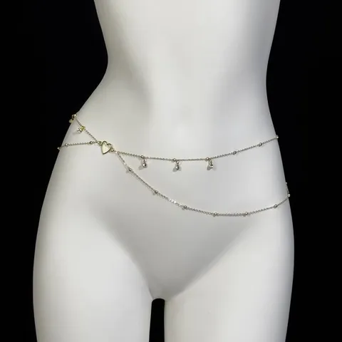 Sexy Rhinestone Waist Chain Double Layer Heart Pendant Body Chain Alloy Beach Fashion Jewelry For Women