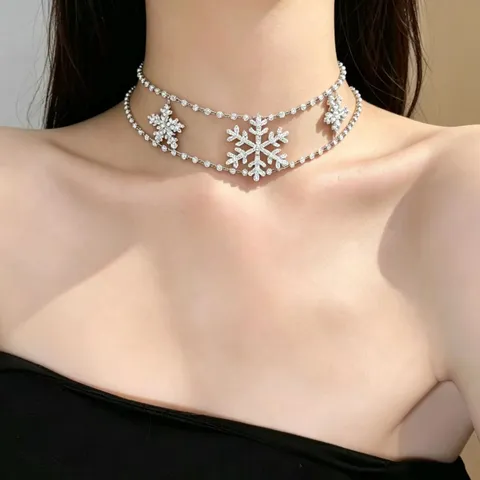 Fashion Double Layer Snowflake Pendant Necklace Rhinestone Gold Alloy Choker Necklace Elegant Jewelry For Women