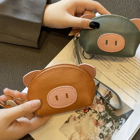 Damen Echtes Leder Mini Münzbeutel Süßes Schwein Design Kleine Geldbörse Reißverschluss Kartenhalter Mit Handschlaufe Mode Handtasche
