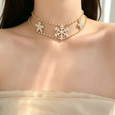 Women Fashion Alloy Rhinestone Snowflake Layered Necklace Chic Body Chain Pendant Fashion Jewelry Gift