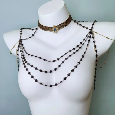 Gothic Dark Multi-Layer Body Chain Necklace For Women Black Heart Rhinestone Choker Fashion Jewelry Gift