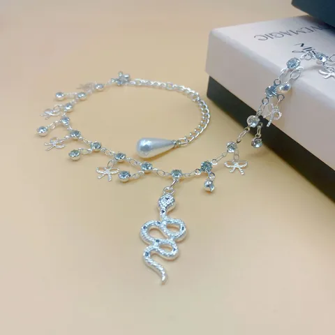 Fashion Alloy Rhinestone Bow Pearl Snake Anklet Gold Silver Plated Beach Foot Chain Jewelry For Women