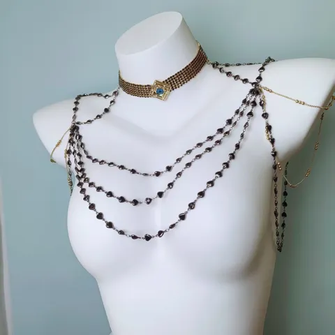 Gothic Dark Multi-Layer Body Chain Necklace For Women Black Heart Rhinestone Choker Fashion Jewelry Gift