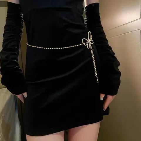 Women Fashion Rhinestone Butterfly Tassel Waist Chain Alloy Body Chain Sexy Belly Waist Jewelry