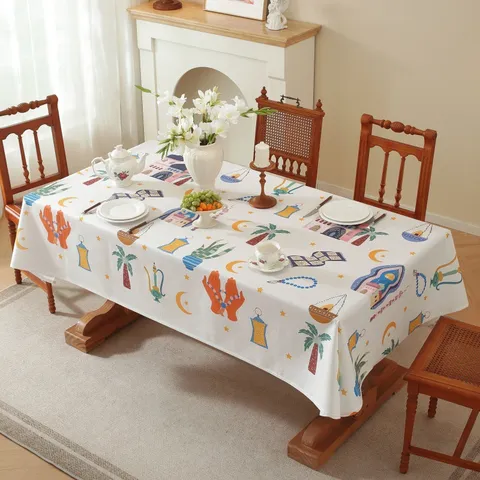 Middle Eastern Style Polyester Printed Tablecloth Star Moon Castle Scenic Design Dustproof Decorative Table Cover for Home Dining Room