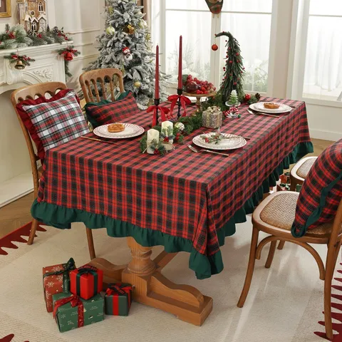 Nappe de Noël Teint en Fil Mélange Polyester-Coton Carreaux Bord à Volants Housse de Table Basse Décoration de Maison de Fête Festive