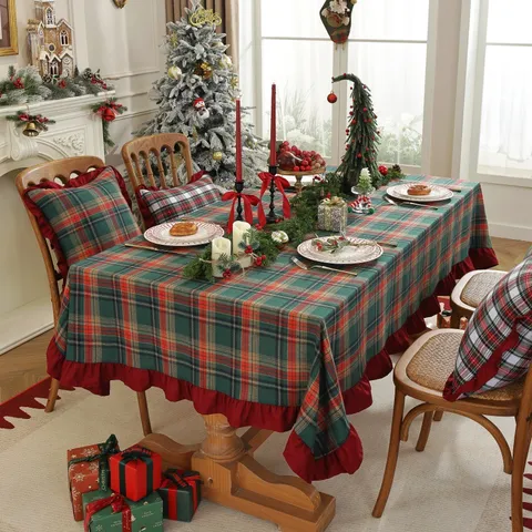 Nappe de Noël Teint en Fil Mélange Polyester-Coton Carreaux Bord à Volants Housse de Table Basse Décoration de Maison de Fête Festive