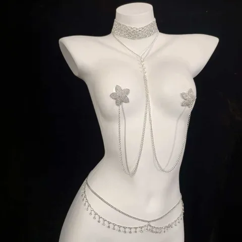 European American Bikini Rhinestone Body Chain Multi Layer Metal Tassel Waist Chain Butterfly Chest Chain Fashion Jewelry