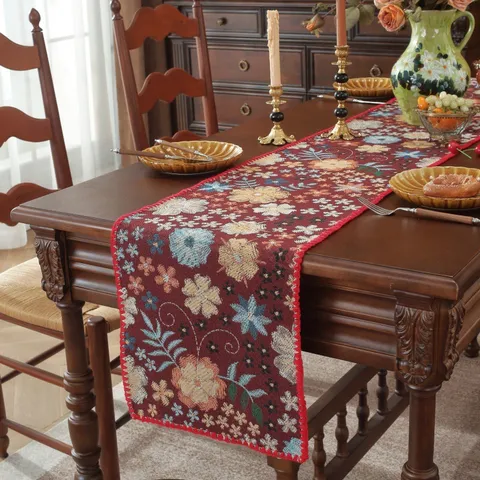 Runner da Tavola Jacquard Tinto in Filato Vintage Floreale Paisley Bordo a Conchiglia Copertura Lunga Per Sala da Pranzo Soggiorno