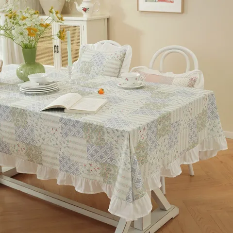 American Style Pure Cotton Jacquard Printed Tablecloth Patchwork Rectangular Dining Table Cover With Ruffle Edge Home Decor