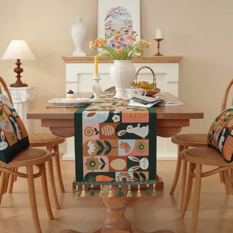 Easter Table Runner Woven Jacquard Bunny Carrot Floral Easter Spring Holiday Home Decor Dining Table Tablecloth
