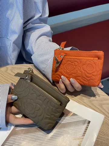 Damen Echtes Leder Münzbeutel Kartenhalter Vintage Geprägtes Blumen Portemonnaie Kleine Geldbörse Tägliches passendes Zubehör