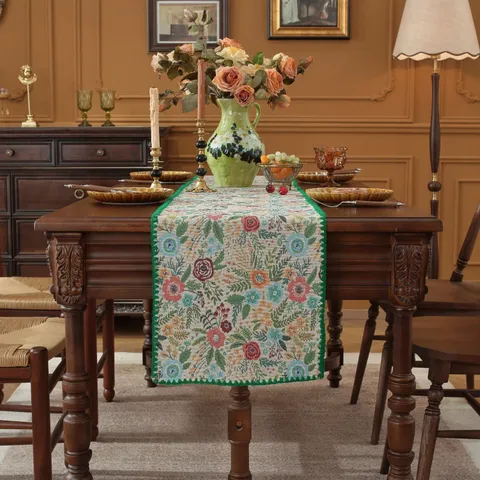 Runner da Tavola Jacquard Tinto in Filato Vintage Floreale Paisley Bordo a Conchiglia Copertura Lunga Per Sala da Pranzo Soggiorno