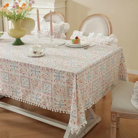 Cotton Jacquard Printed Tablecloth Pastoral Style Table Cover With Ruffle Hem And Pom Pom For Kitchen Dining Room