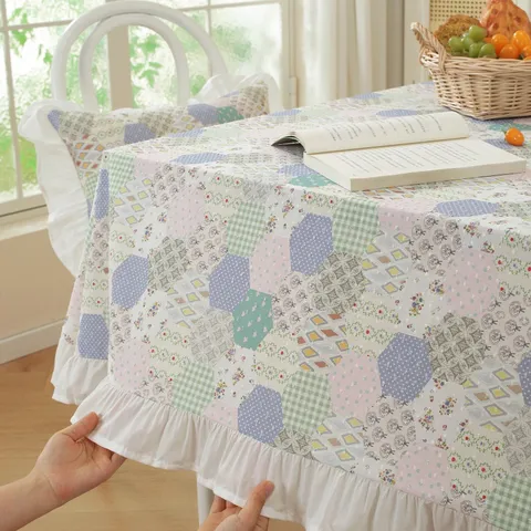 American Style Pure Cotton Jacquard Printed Tablecloth Patchwork Rectangular Dining Table Cover With Ruffle Edge Home Decor
