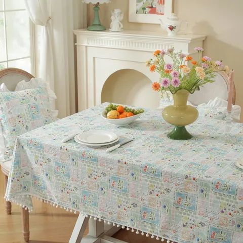 Cotton Jacquard Printed Tablecloth Pastoral Style Table Cover With Ruffle Hem And Pom Pom For Kitchen Dining Room