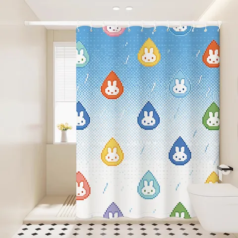 Waterproof Fabric Shower Curtain Colorful Raindrop Cartoon Rabbit Print Bathroom Partition Curtain With Hooks And Tieback