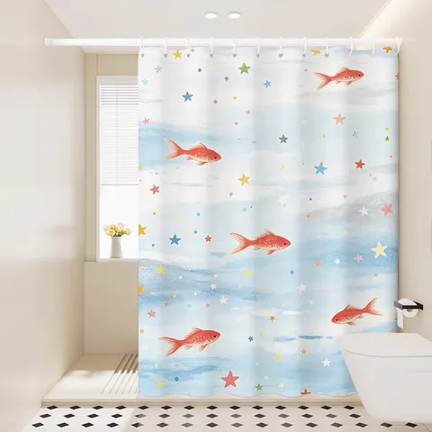 Waterproof Fabric Shower Curtain With Goldfish And Stars Pattern Modern Bathroom Decor Curtain Set
