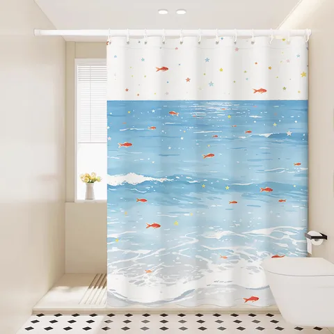 Waterproof Fabric Shower Curtain With Goldfish And Stars Pattern Modern Bathroom Decor Curtain Set