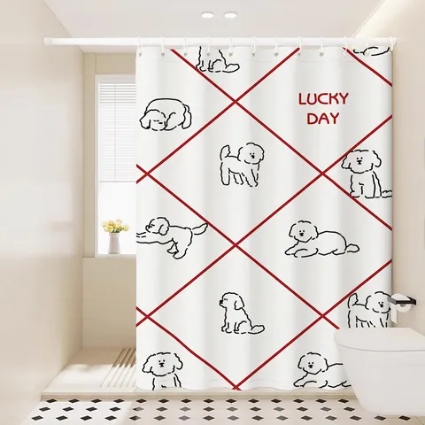 Waterproof Polyester Fabric Shower Curtain With Cute Cartoon Cat And Dog Print Diamond Grid Pattern For Bathroom Home Decor