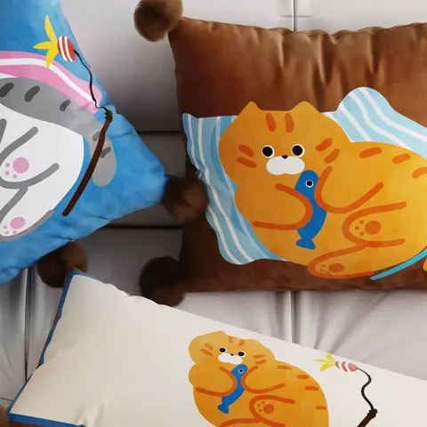 Κάλυμμα Μαξιλαριού Retro Cat Cartoon Χαριτωμένο Σχέδιο Εκτύπωσης Ζώων με Pom Poms για Σαλόνι Καναπέ Κρεβάτι Διακόσμηση Σπιτιού