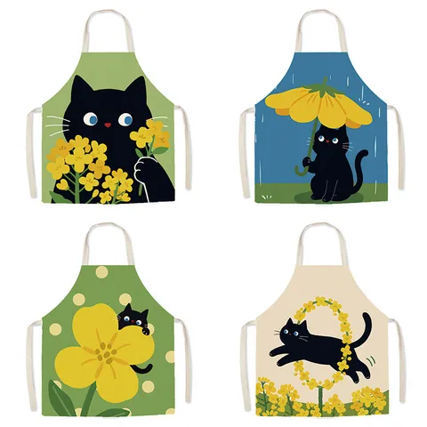 Delantal Sin Mangas De Gato De Dibujos Animados Linda Flor De Colza Cocina Cocina Bata Antisuciedad Para Adultos Y Niños