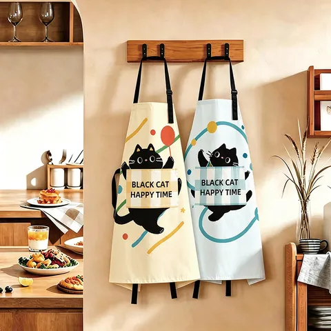 Cute Cartoon Black Cat Apron Waterproof Oil Proof Polyester Kitchen Apron With Pocket Adjustable Strap Cooking Bib For Women Men