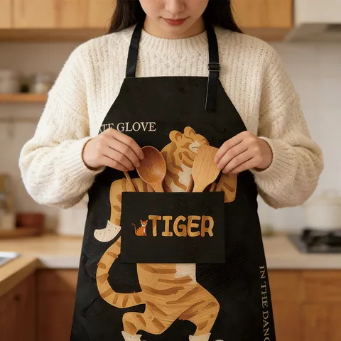 Adjustable Kitchen Apron For Men Women Cooking Baking Cute Animal Print With Pocket Household Bib Chef Apron