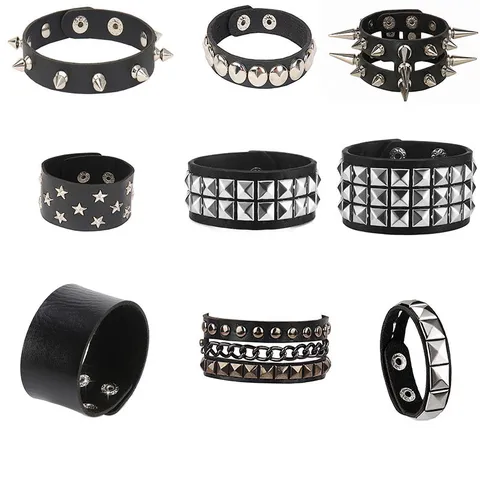 Punk Rivet PU Leather Bracelet For Men Women Gothic Street Rock Studded Bangle Nightclub Assorted Adjustable Wristband Jewelry