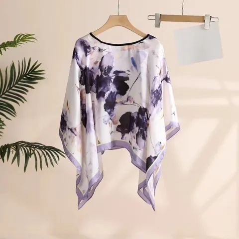 Damen Satin Poncho Schal Ethno Blumenmuster Tuch Sonnenschutz Strand Cape Leicht Retro Über Den Kopf Quadratischer Schal Wrap