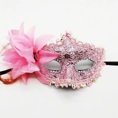 Máscara De Mascarada Veneciana Encaje Plástico Con Flor Satén Lateral Grande Pluma Pedrería Para Halloween Carnaval