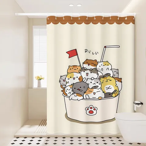 Cortina de Ducha Impermeable con Patrón de Gato Lindo Tela Cortina de Partición de Baño Con Ganchos y Abrazadera para Decoración